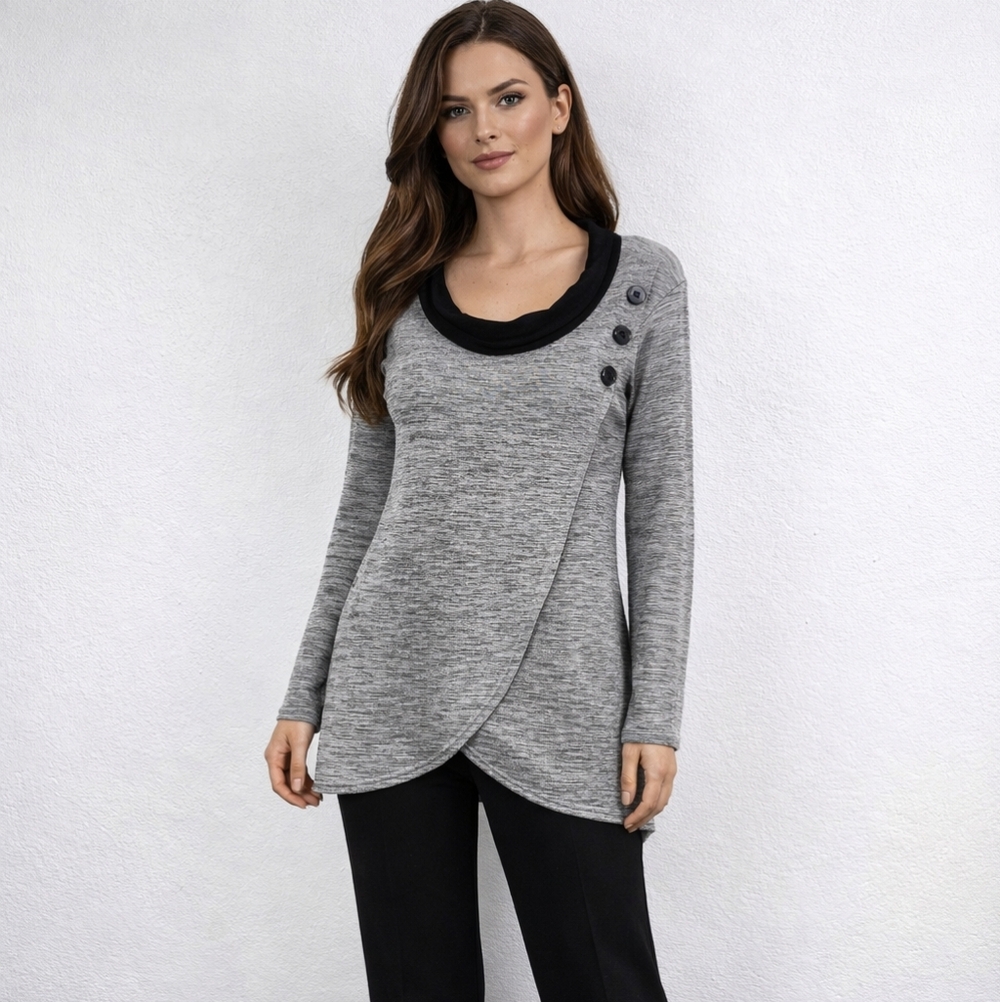 Joseph Ribkoff Tunic Top Black Grey Heathered Jersey Knit Front Overlap Sz 8